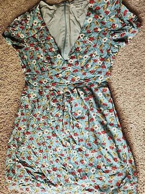 Forever 21 Women Small Blue Floral Boho V-Neck Dress